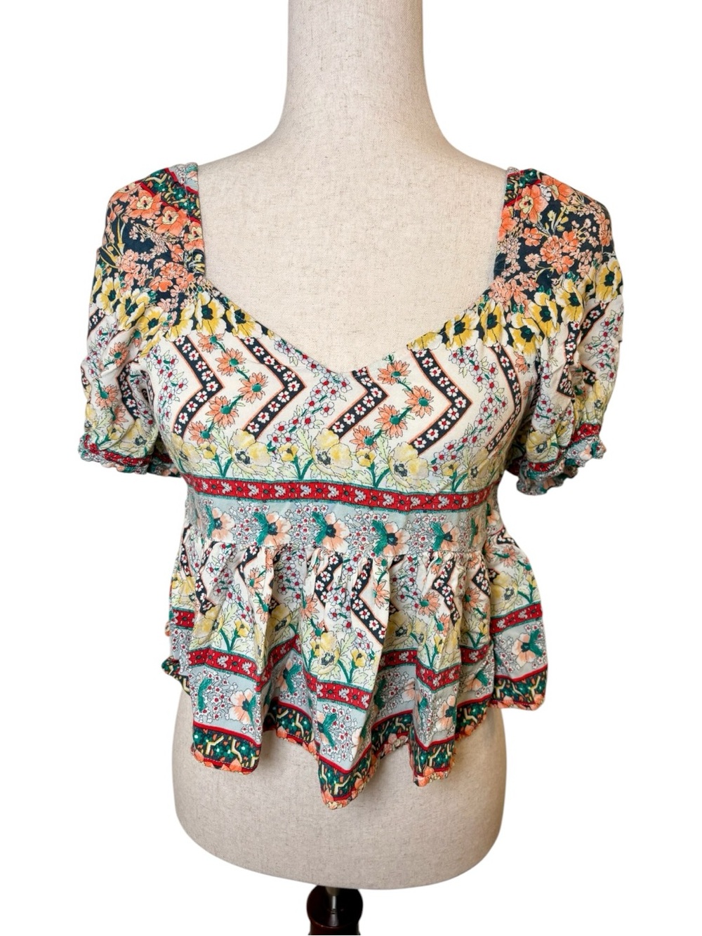 O’Neill Cream Coral Floral Peplum Crop Top Boho Festival Preppy Extra Small